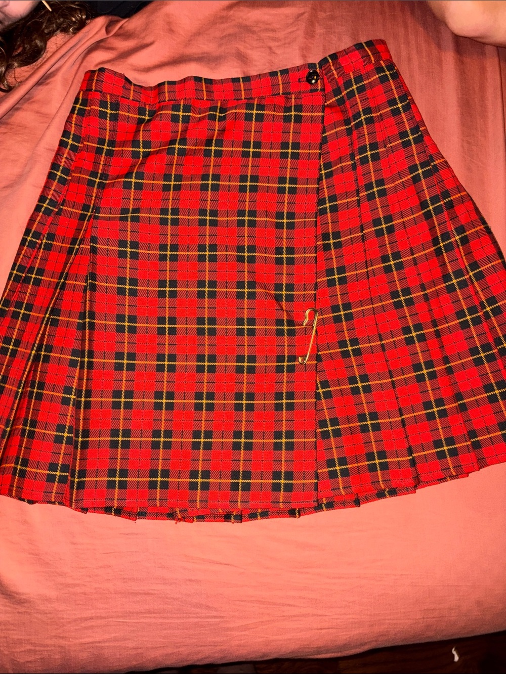 Vintage Red Plaid Mini Skirt with Safety Pin Accent